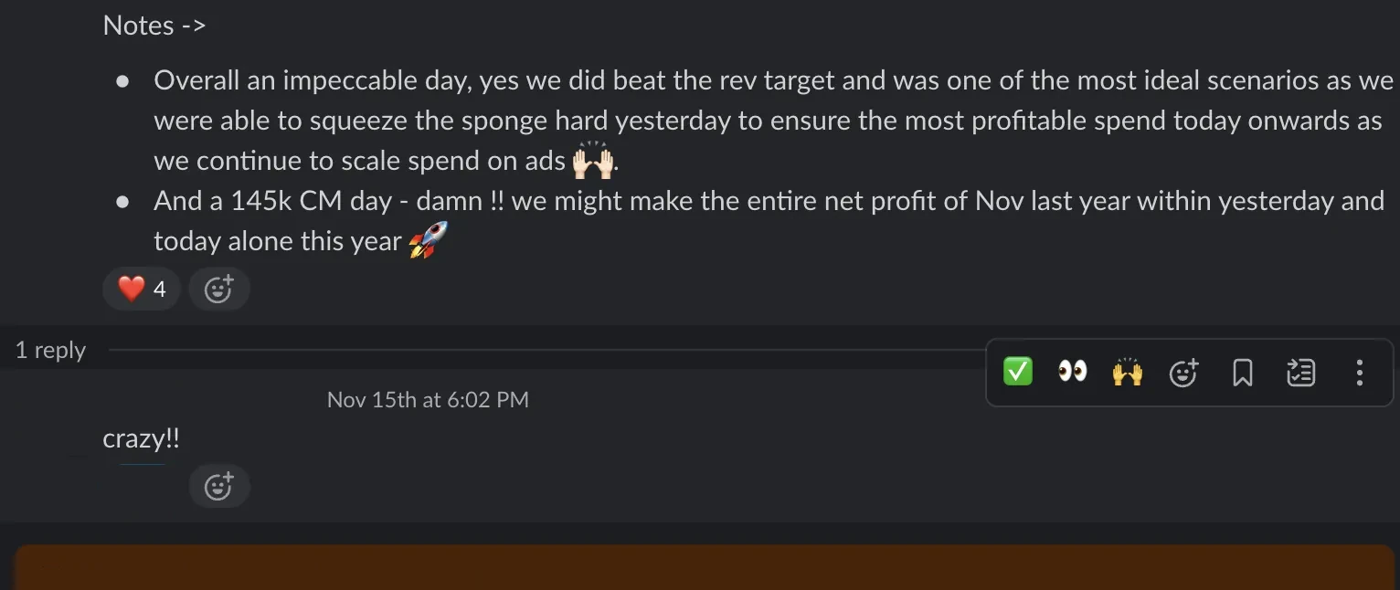 $145K contribution margin in one day — Client Slack · November