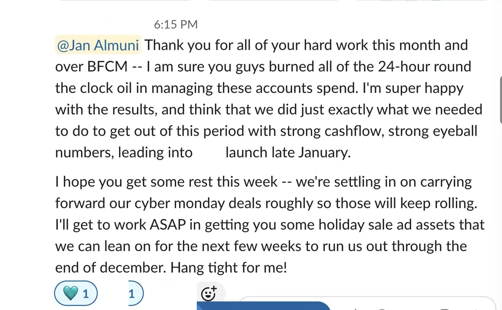 Round-the-clock BFCM management — CPG founder · post-BFCM