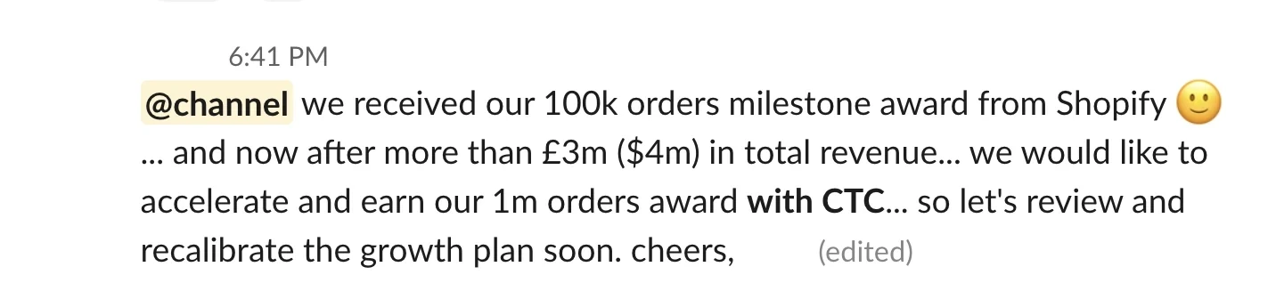 100,000-order Shopify milestone — CPG founder · milestone day