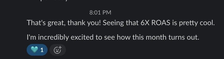 “Seeing that 6X ROAS is pretty cool” — Founder · mid-month